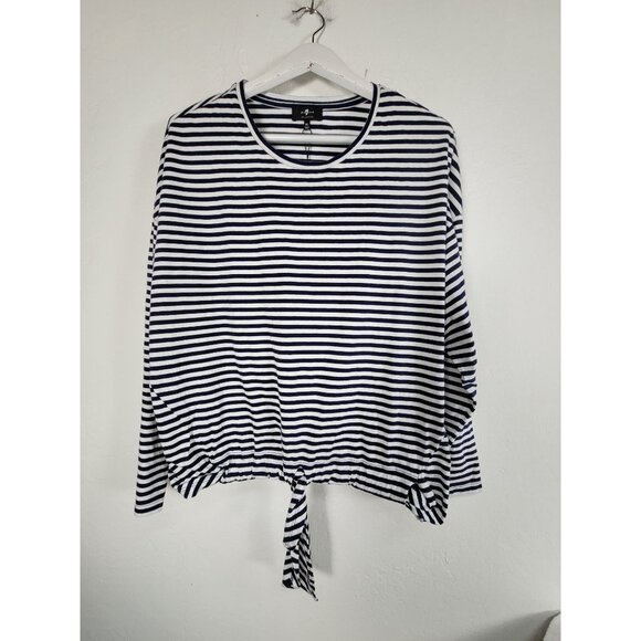 7 For All Mankind Womens Striped Long-Sleeve Tie-Hem Top XL Navy/White New - Picture 1 of 8